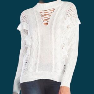Torn by Ronny Kobo Women's Size XS Cream Paige Lace Up Ruffled Sweater $318